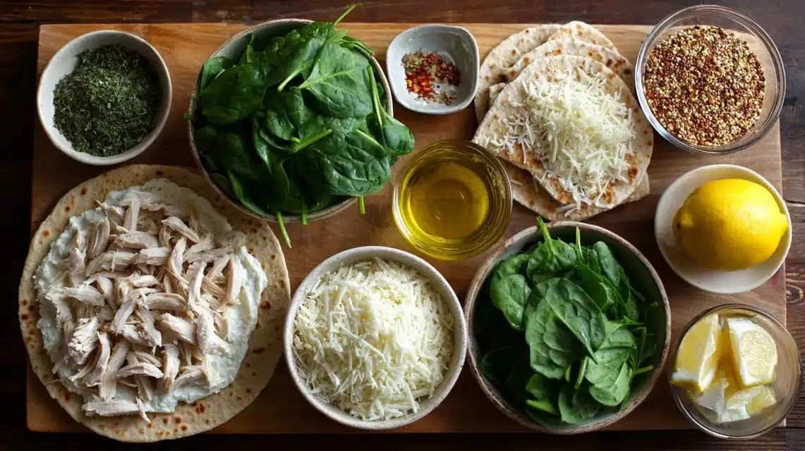 Ingredients for chicken florentine pizza on kitchen counter Ingredients for chicken florentine pizza arranged on counter