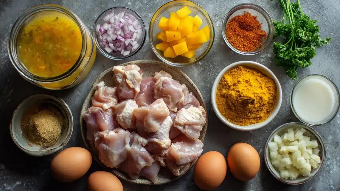 Ingredients for Peruvian Chicken Stew on Marble Background Flat lay of Peruvian chicken stew ingredients on marble