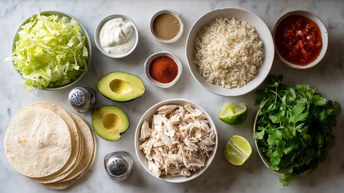Chicken and Rice Taco Ingredients on Marble Counter Ingredients for chicken and rice tacos on a marble surface