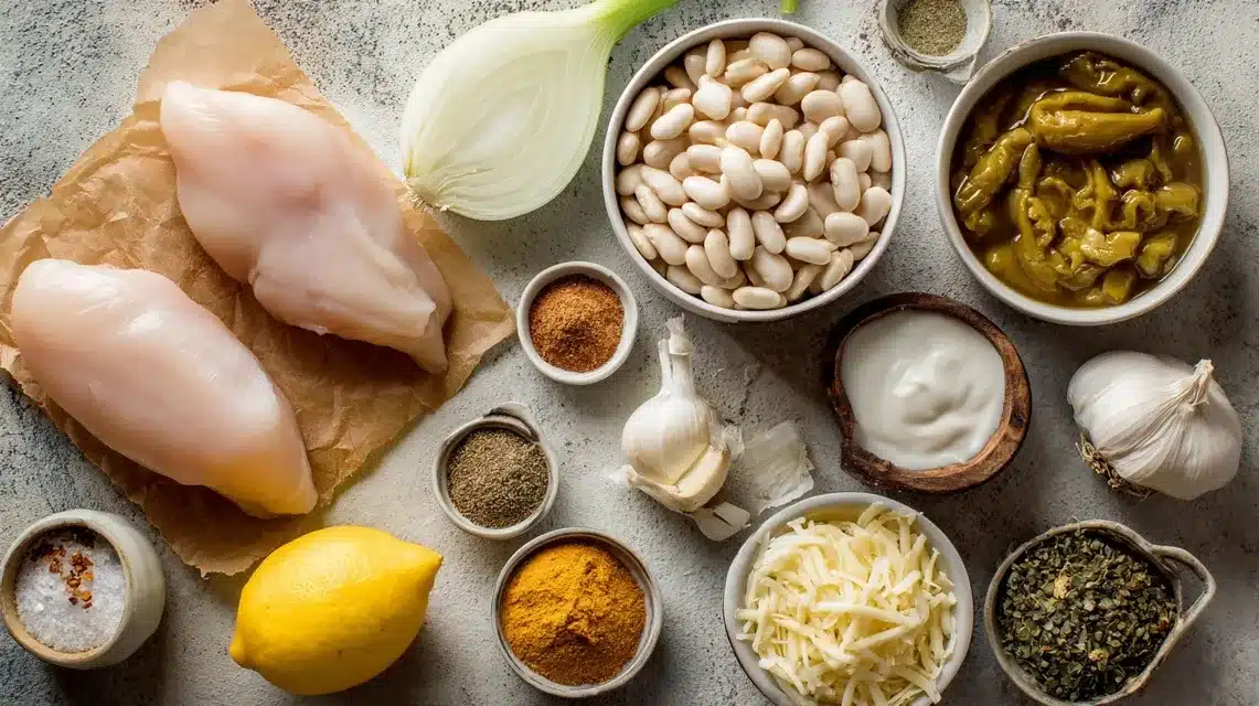 White Bean and Chicken Chili Ingredients on Wooden Counter Ingredients for Crockpot Recipes: White Bean and Chicken Chili arranged on rustic surface
