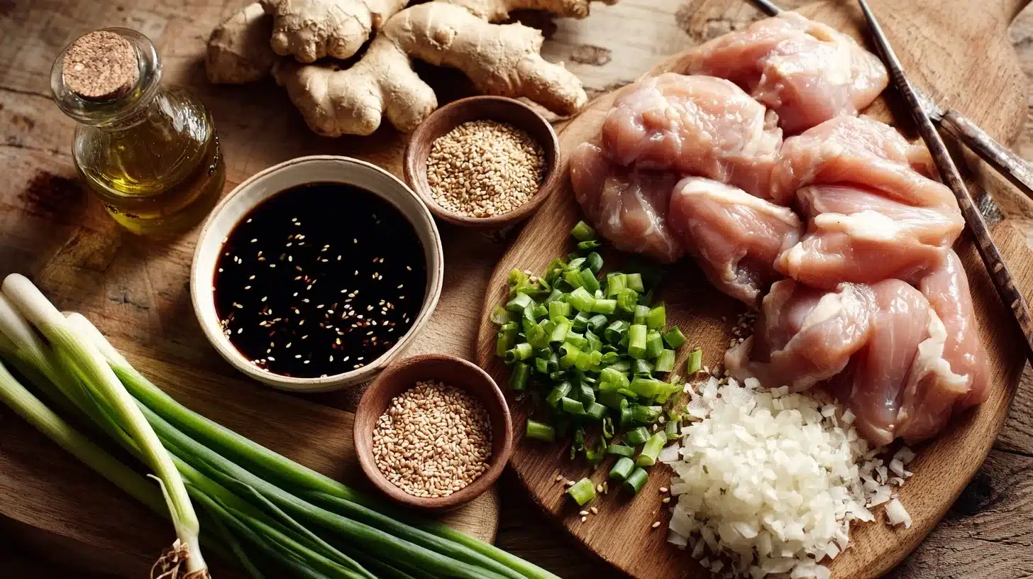Ingredients for Panda Express Grilled Teriyaki Chicken Teriyaki chicken ingredients including chicken thighs, sauce, garlic, and ginger