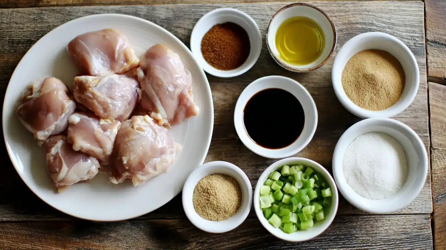 Ingredients for Grilled Teriyaki Chicken Thighs Grilled Teriyaki Chicken Thighs ingredients on kitchen counter