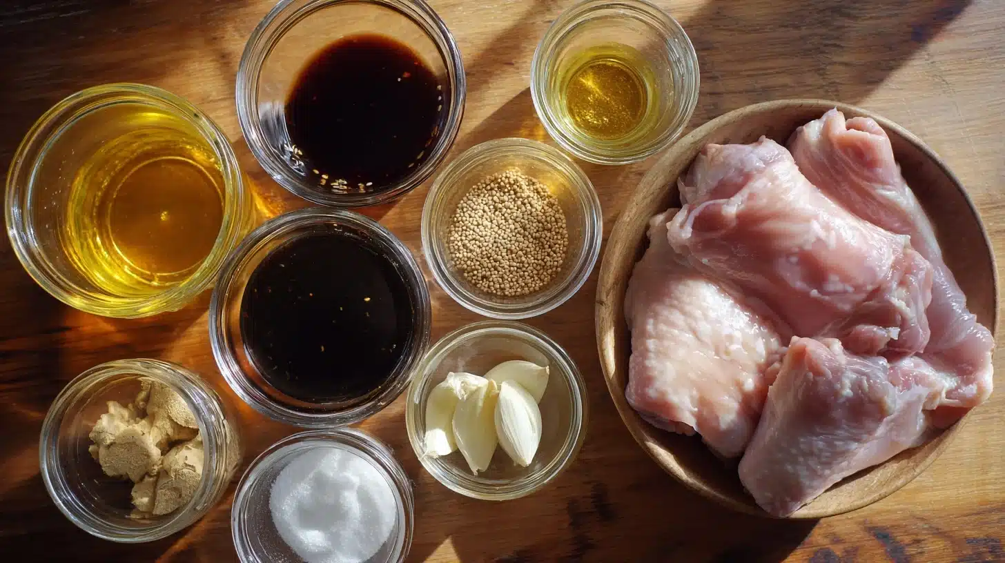Chicken and teriyaki marinade ingredients prepped on counter Raw chicken with teriyaki marinade ingredients for grilling