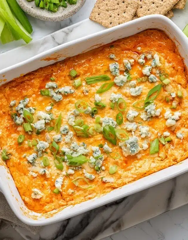 Buffalo chicken dip healthy recipe served with veggies and crackers