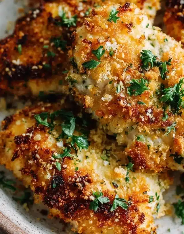 Mayo parmesan crusted chicken up close on a rustic plate