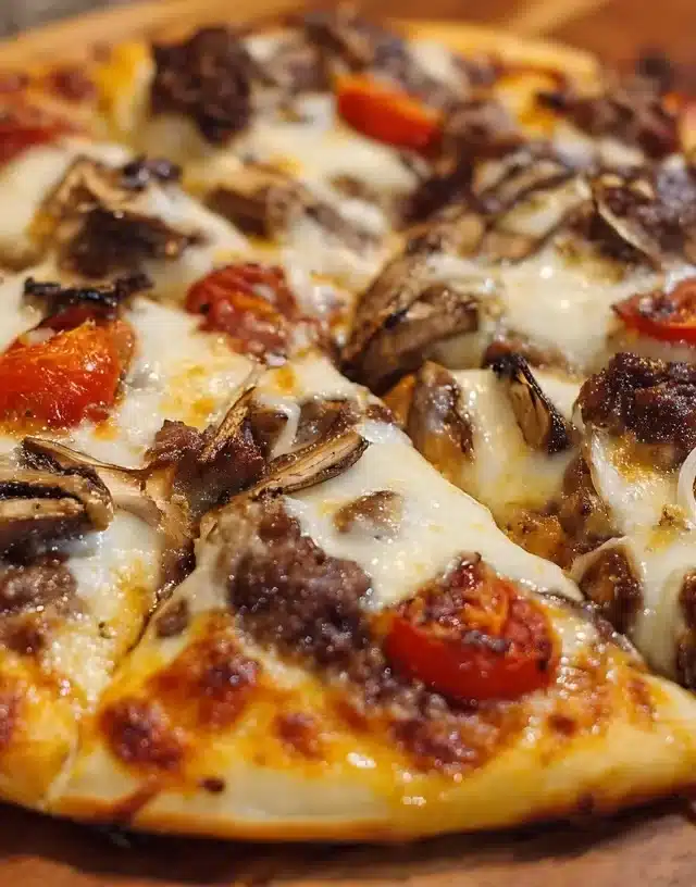Ground chicken pizza crust recipe served on a rustic plate