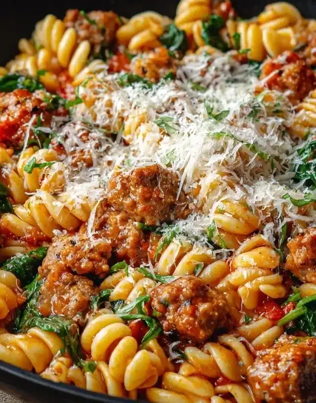 Chicken sausage pasta served with parmesan and toasted bread