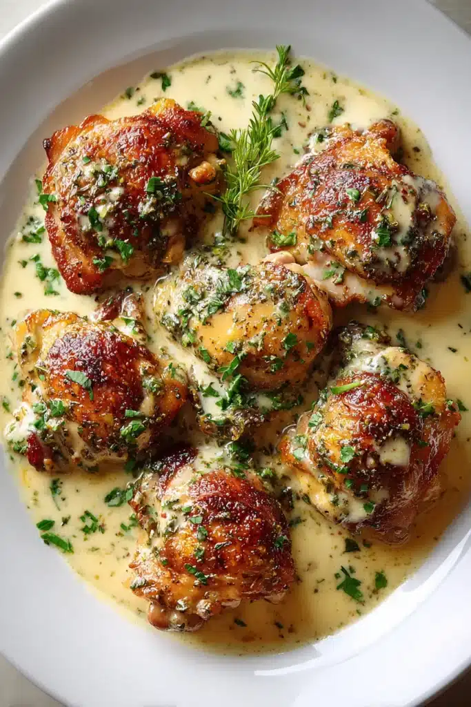 Delicious platter of honey garlic chicken breast with vegetables and herbs