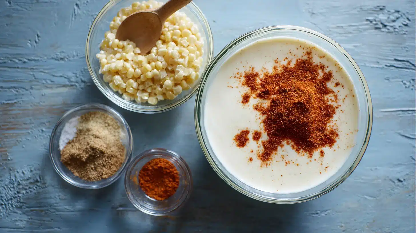 Mixing yogurt dressing with lemon and spices High Protein Chicken Corn Bowl creamy yogurt dressing
