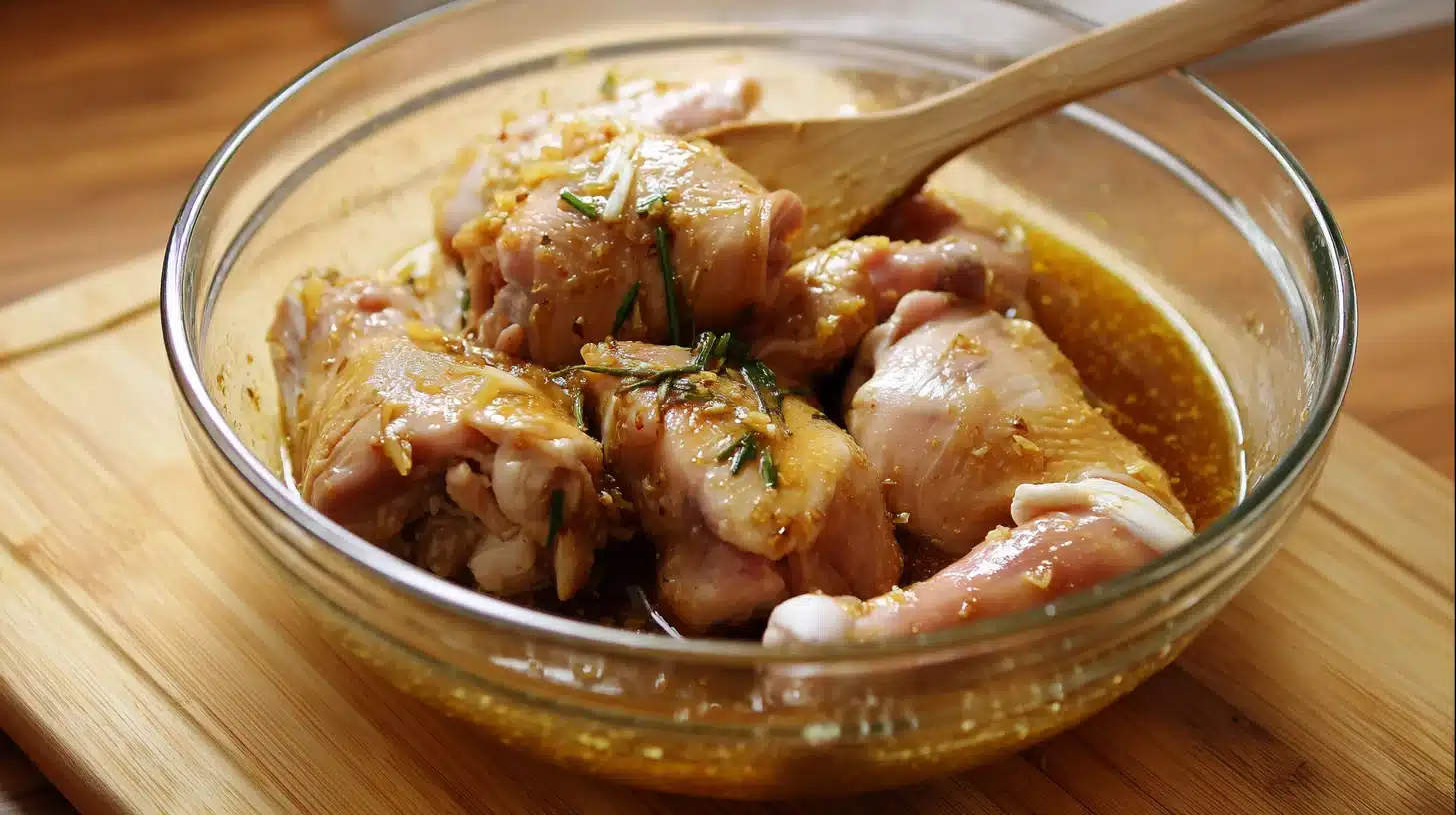 Mixing chicken in sweet marinade Marinated chicken thighs rest in the fridge, absorbing the sweet and savory tocino flavors. This is a key step in learning how to make chicken tocino