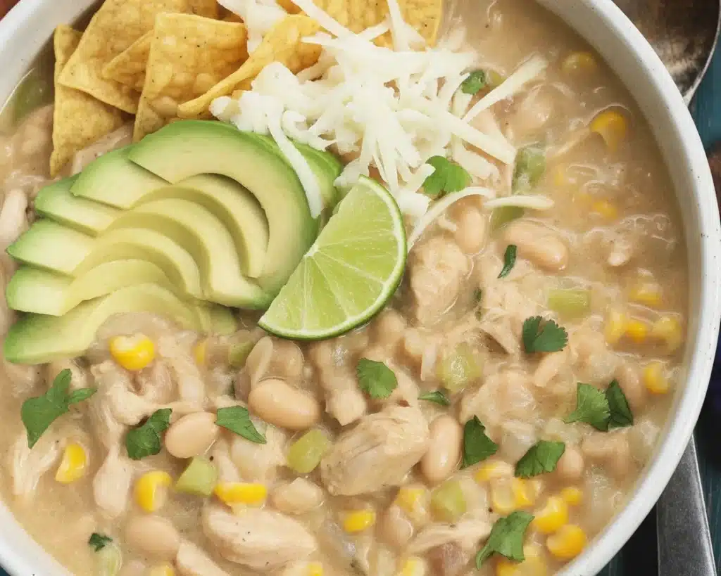 Bowl of creamy white chicken chili with chunks of chicken and white beans