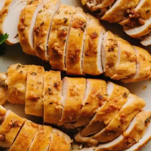 Plated juicy crock pot chicken breast garnished with herbs and spices.