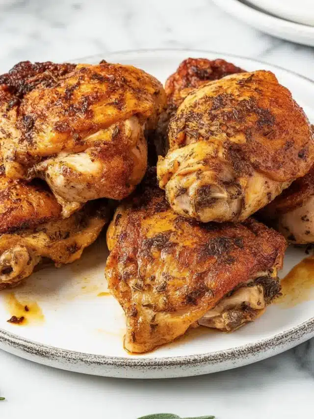 Honey garlic chicken thighs garnished with herbs, served in a cast iron skillet.