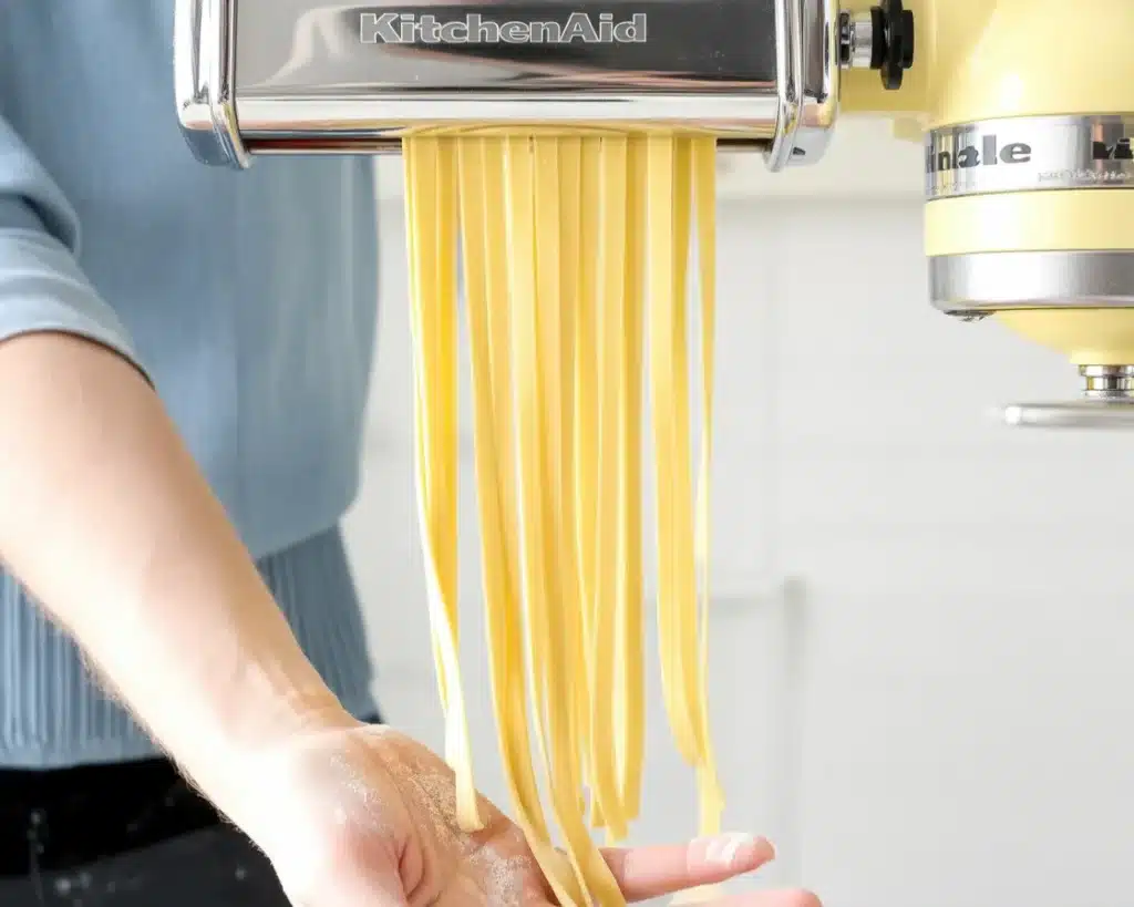 Homemade fresh pasta made with flour, eggs, and olive oil on a wooden surface.