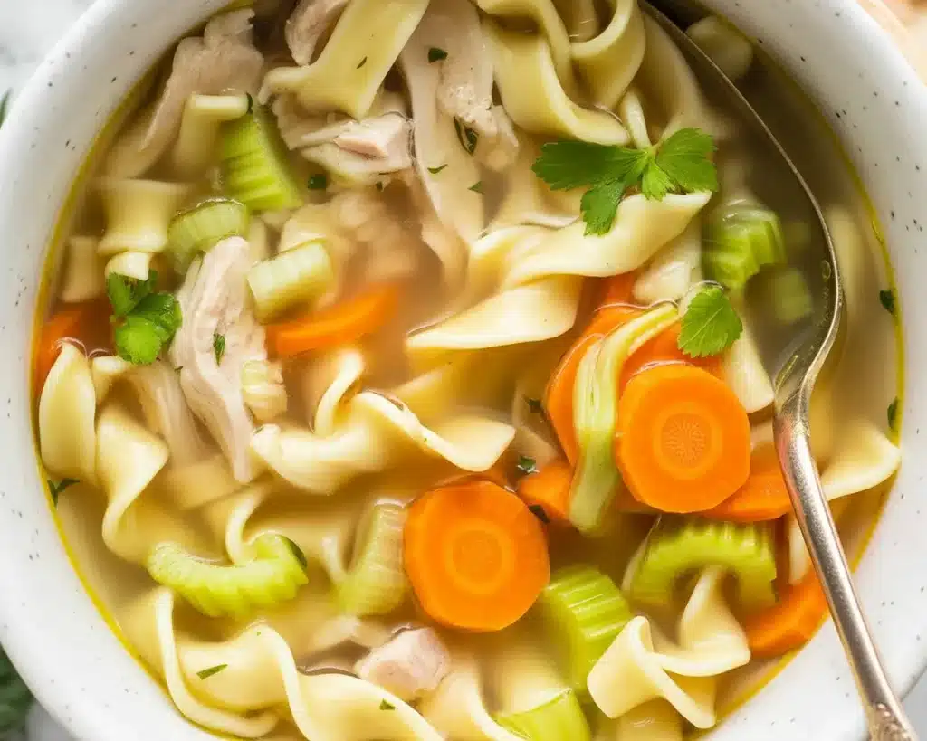 Delicious homemade chicken noodle soup with fresh ingredients and hearty broth