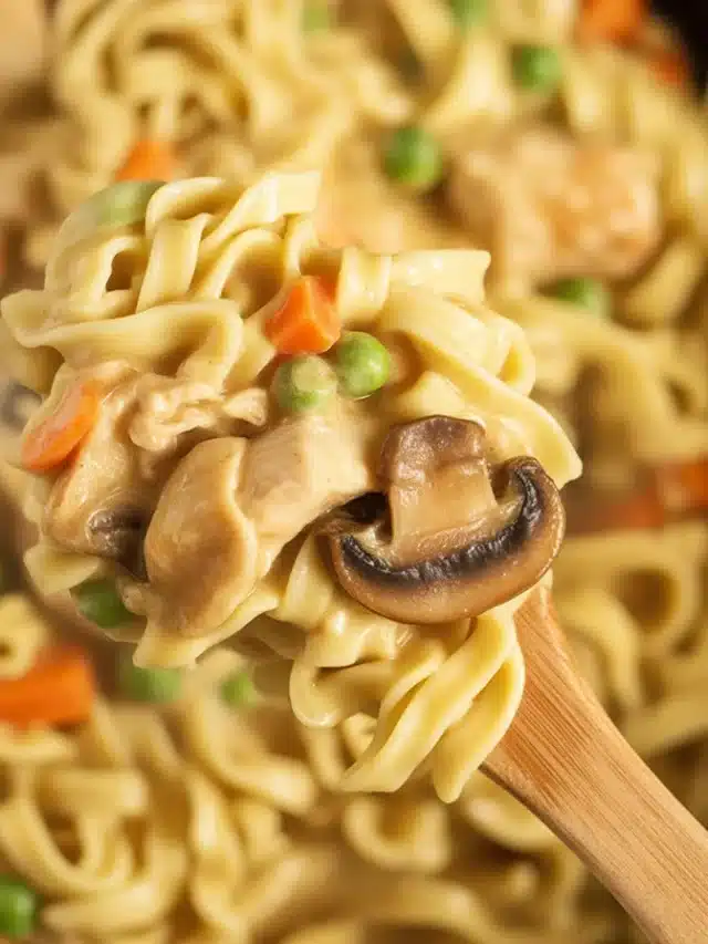 Creamy Chicken Pot Pie With Egg Noodles in a skillet dish, showcasing rich flavors.