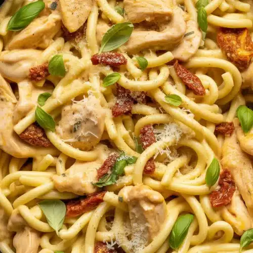 A mouthwatering plate of Marry Me Chicken Pasta with creamy sauce and chicken.
