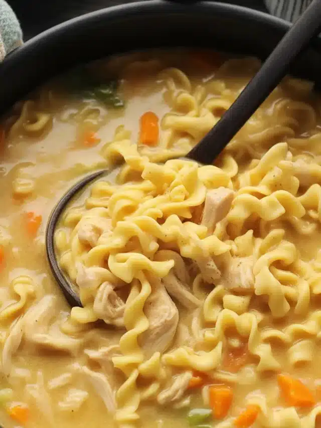 Creamy chicken noodle soup with chicken, egg noodles, and mixed vegetables in a bowl.
