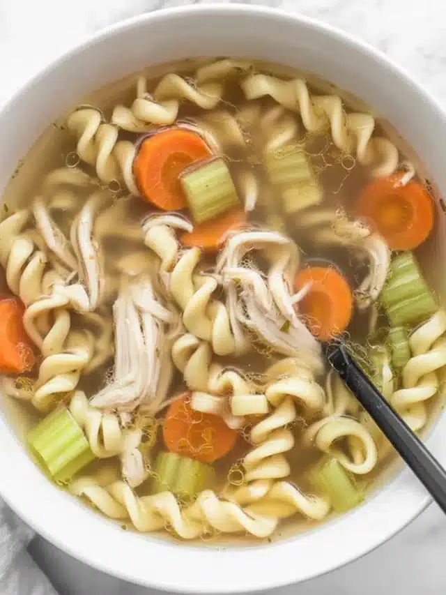 Bowl of homemade Chicken Noodle Soup made in a Crock Pot with vegetables and chicken.