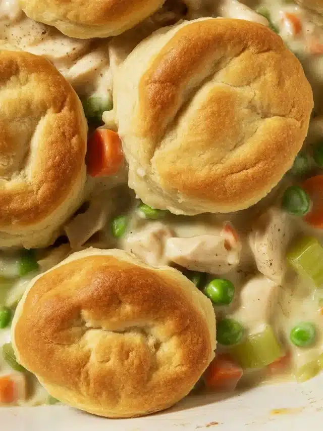 Delicious Chicken Potpie Casserole topped with golden biscuits and filled with chicken and vegetables