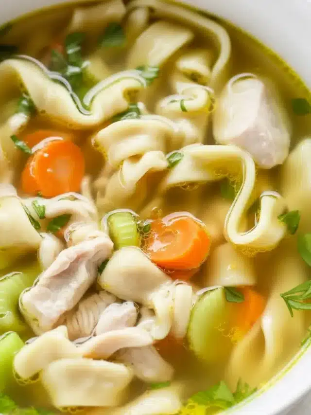 Delicious homemade Chicken Noodle Soup with chicken, veggies, and flavorful broth.