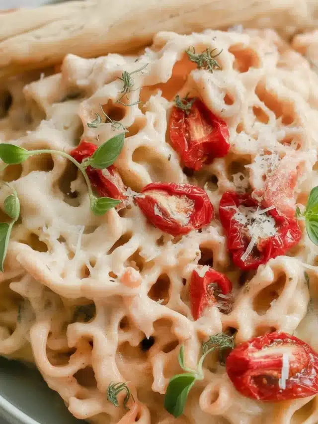 Creamy Boursin Pasta Bake with tomatoes and spices in a baking dish.