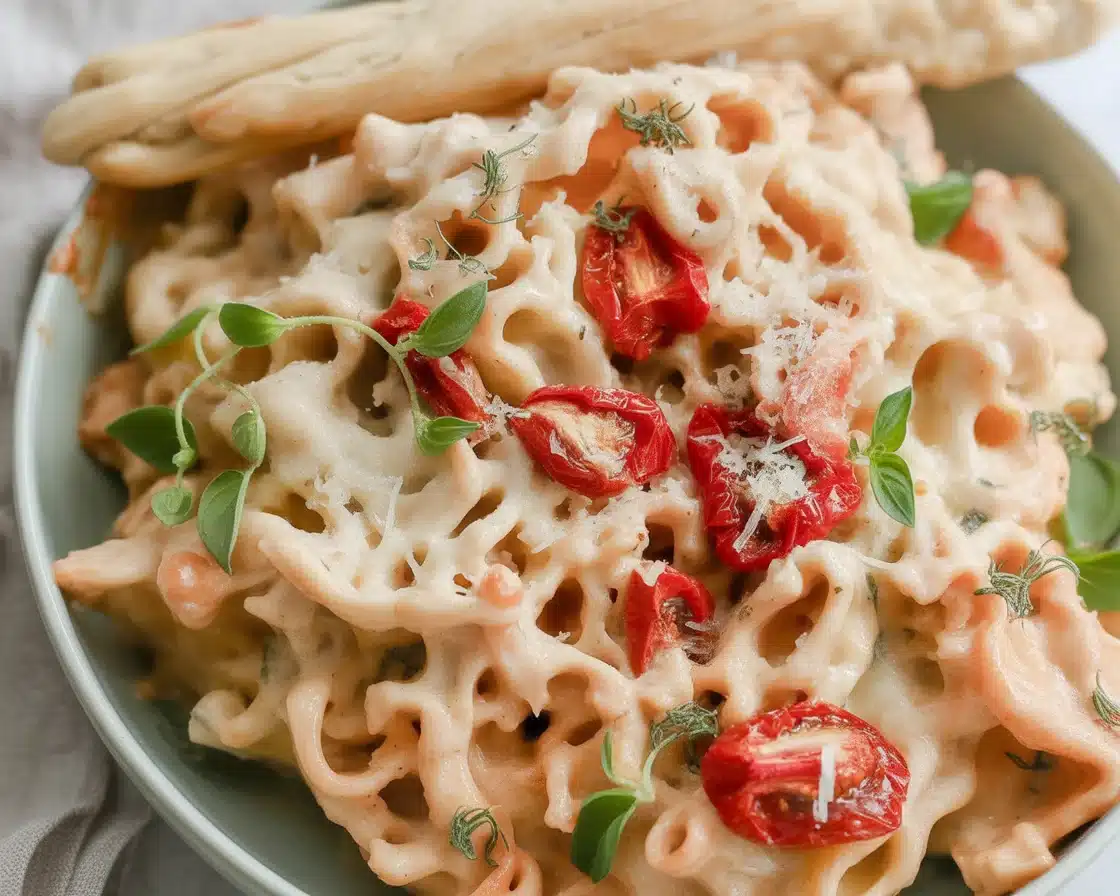 Creamy Boursin Pasta Bake with tomatoes and spices in a baking dish.