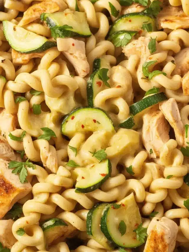 A delicious plate of Chicken Zucchini Pasta with sautéed zucchini and tender chicken.