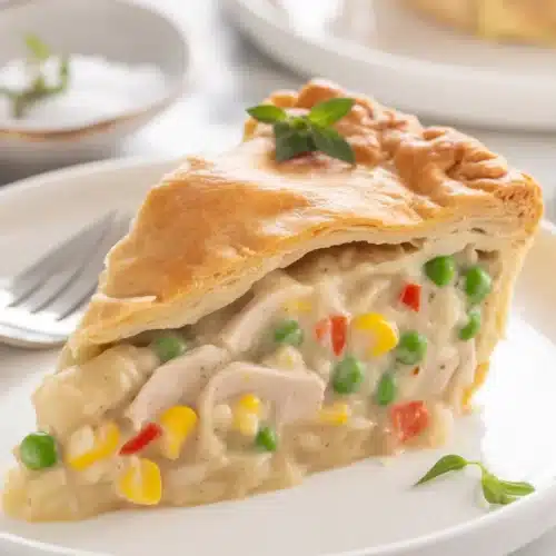 Delicious Chicken Potpie with flaky crust and creamy chicken vegetable filling.