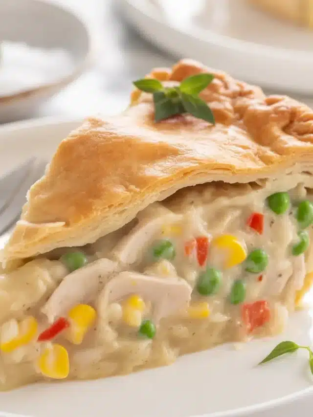 Delicious Chicken Potpie with flaky crust and creamy chicken vegetable filling.