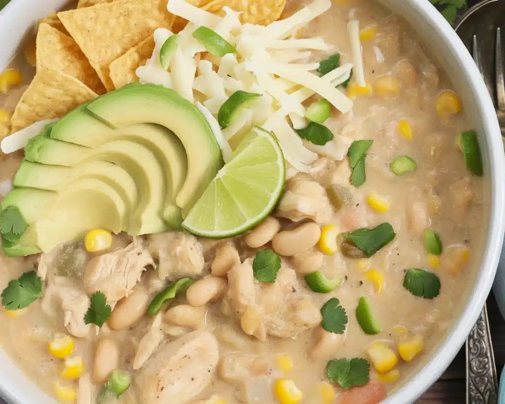 Delicious bowl of creamy White Chicken Chili topped with cilantro and served with fresh bread.