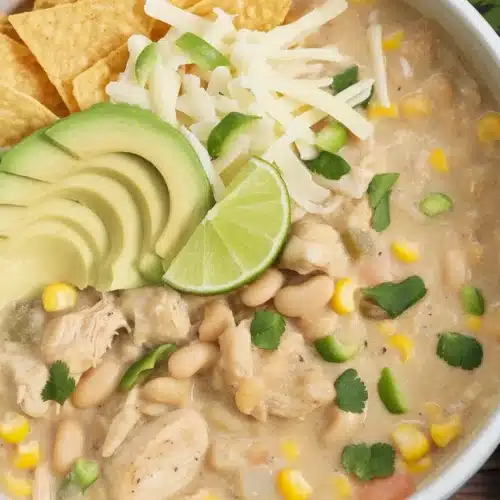Delicious bowl of creamy White Chicken Chili topped with cilantro and served with fresh bread.