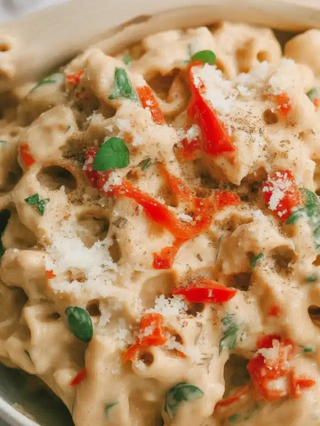 Creamy Baked Boursin Pasta with tomatoes and garlic in a baking dish.