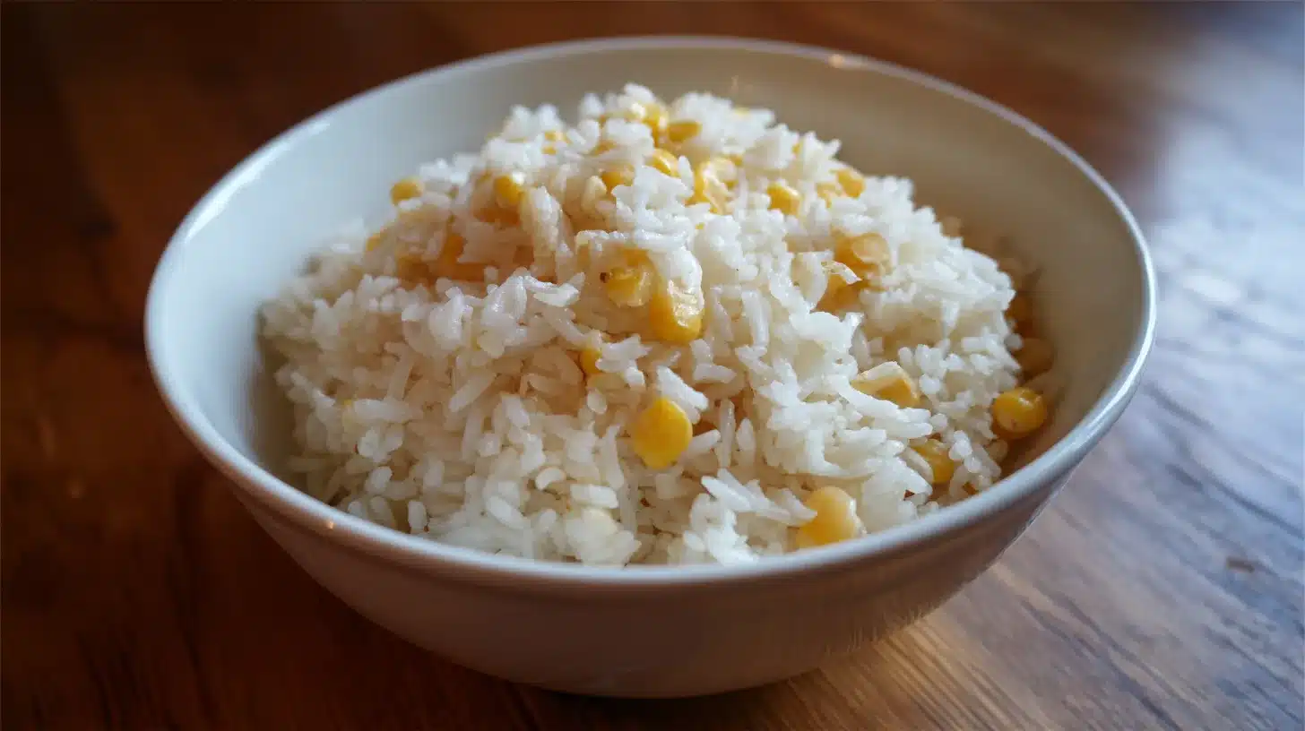 1Fluffy rice in a pot after cooking rice cooked for street corn chicken rice bowl recipe