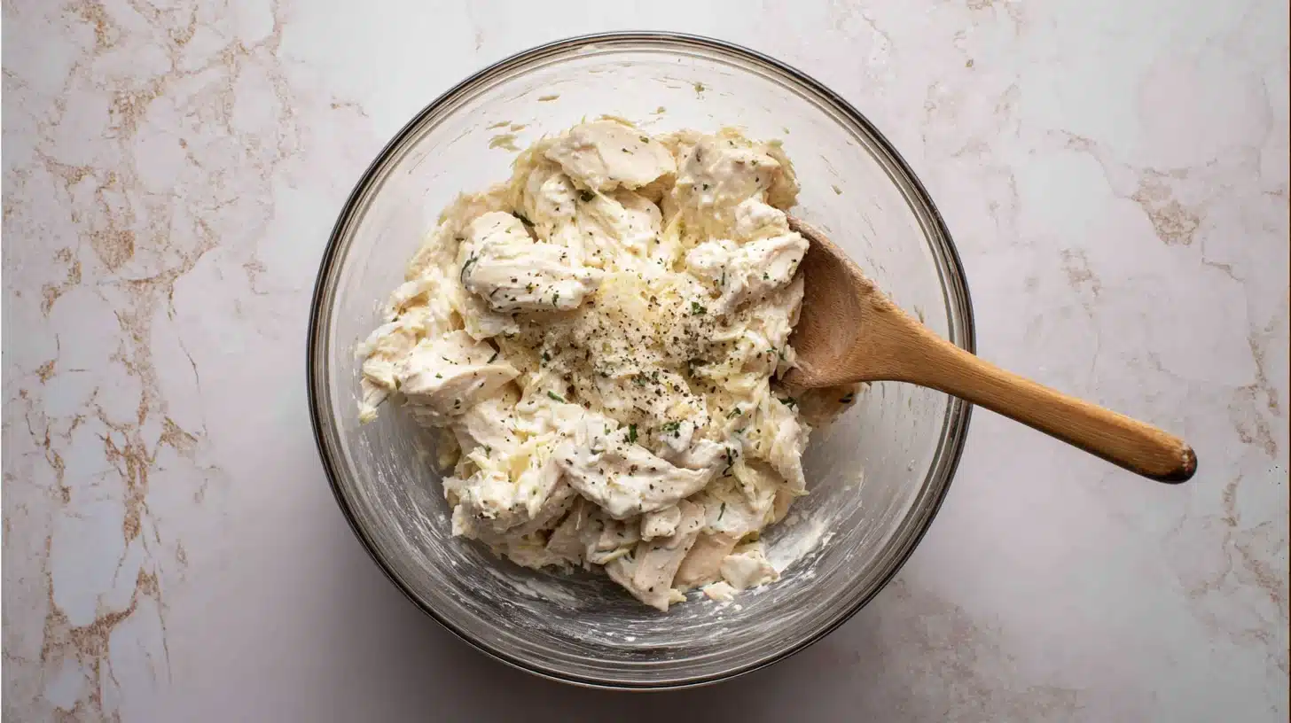 Mixing Caesar chicken filling Chicken caesar smash tacos creamy filling being mixed in bowl