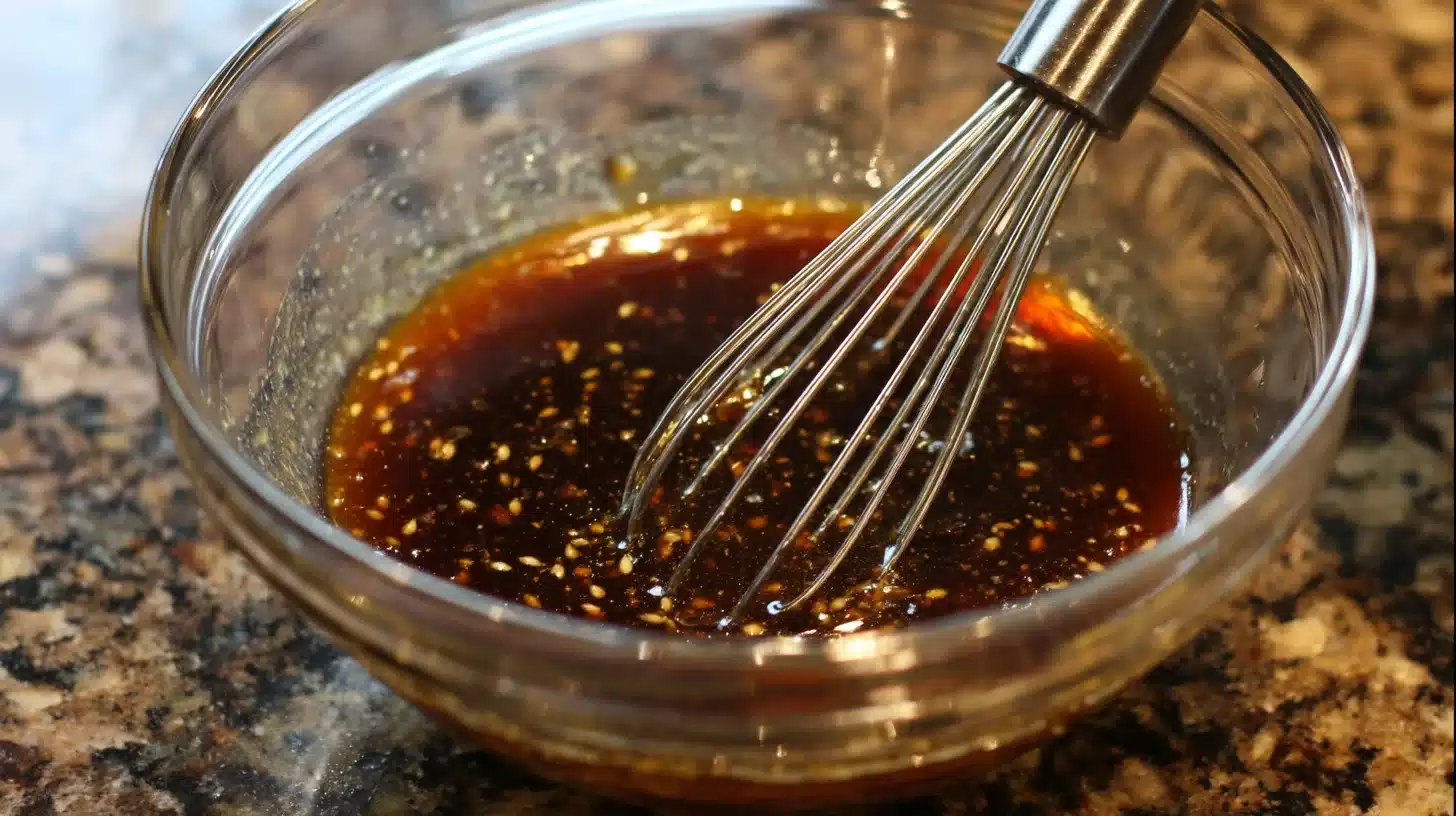 Mixing teriyaki marinade in a glass bowl Whisking marinade for grilled chicken teriyaki Panda Express