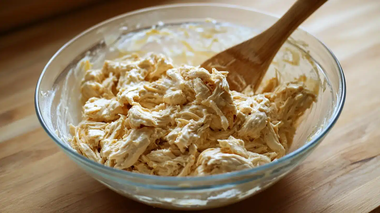 Mixing chicken, cream cheese, garlic, and cheese Chicken filling for Easy Creamy White Chicken Enchiladas