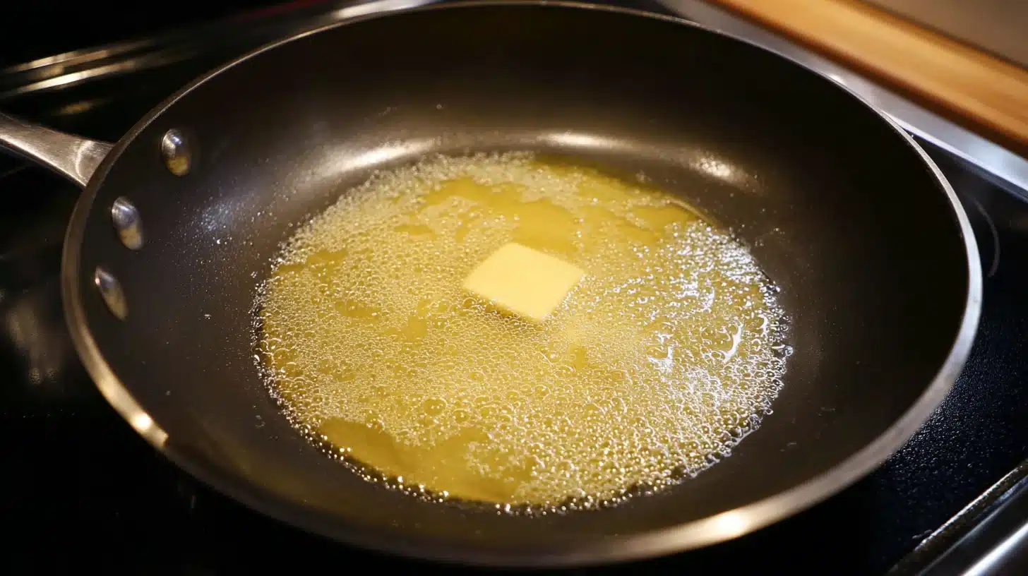 Heating skillet with oil Warm skillet with oil for cooking chicken caesar smash tacos