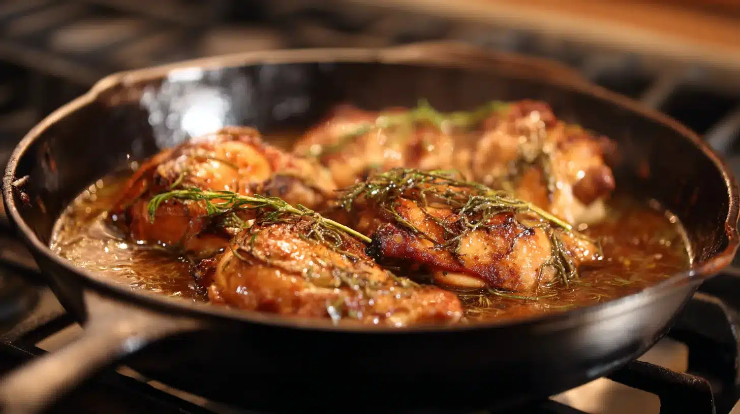 hicken simmering in marinade hicken Tocino simmering in pineapple marinade with water