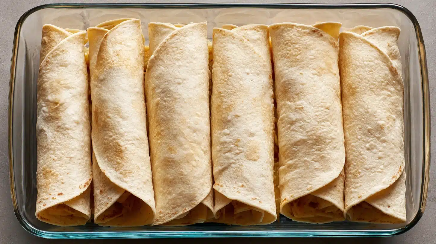 Rolling enchiladas with creamy chicken filling Rolling tortillas for Easy Creamy White Chicken Enchiladas