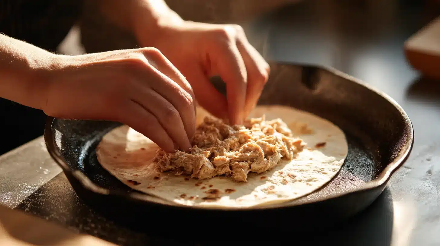 3Adding filling to tortilla Spreading chicken caesar smash taco filling on tortilla