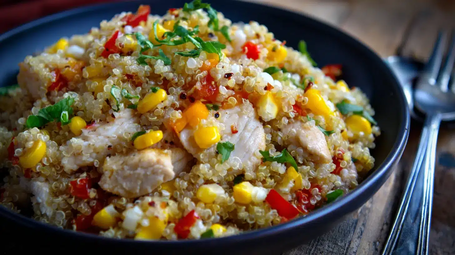 3Fluffing warm brown rice with fork Brown rice base for High Protein Chicken Corn Bowl