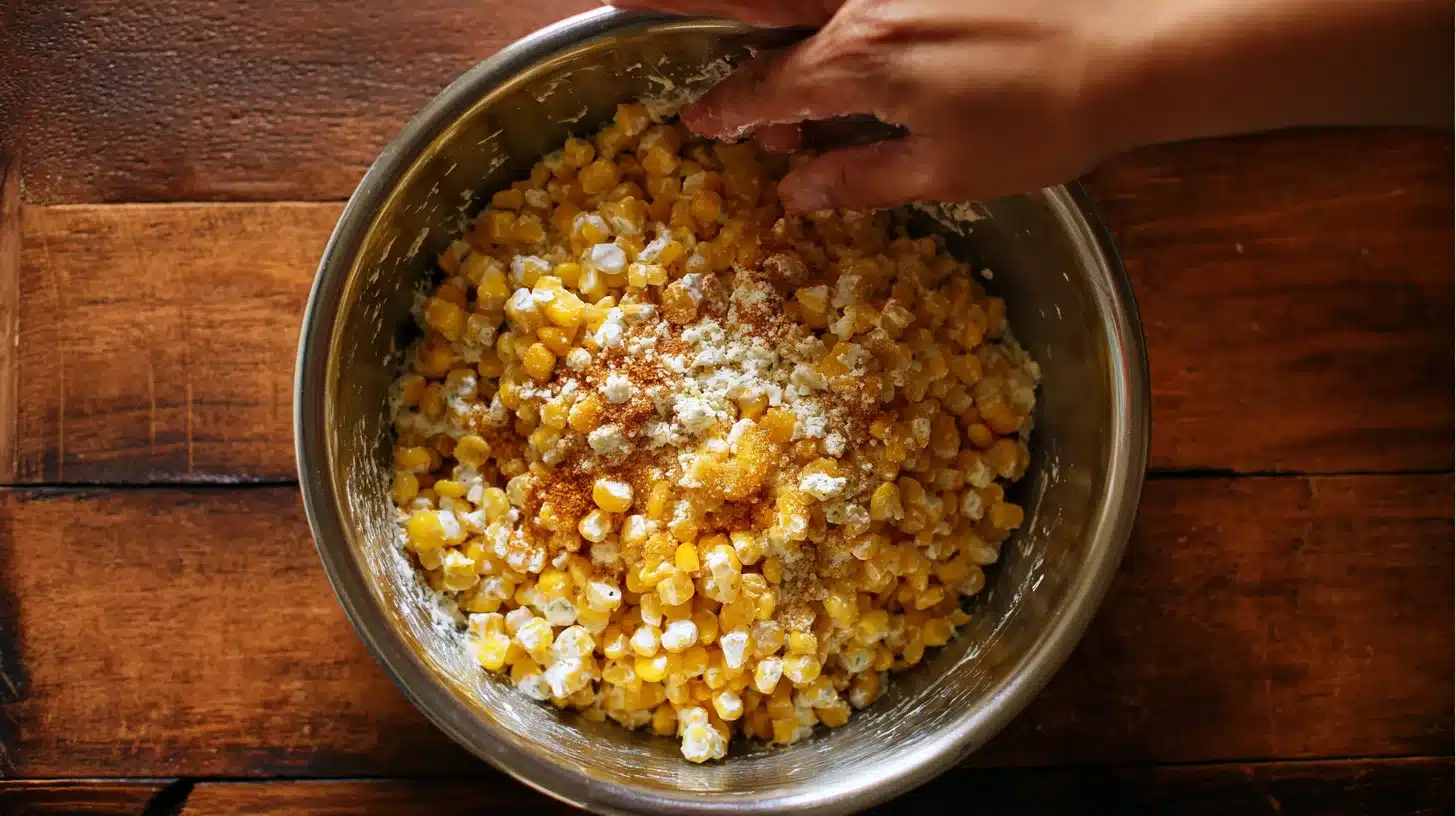 3Mixing street corn topping in a bowl creamy corn mix for street corn chicken rice bowl recipe