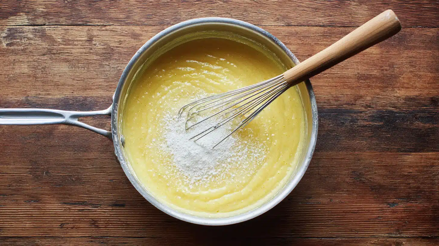 Making roux with butter, flour, and seasoning Roux base for white enchilada sauce
