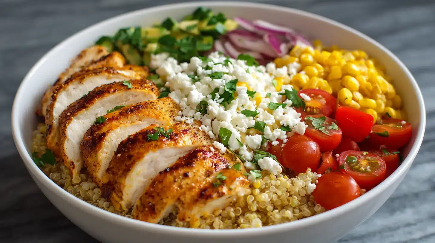 4Assembling bowl with rice, chicken, and corn High Protein Chicken Corn Bowl layers
