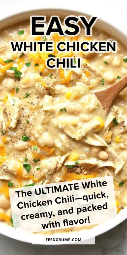 Delicious bowl of Crockpot White Chicken Chili with chicken, beans, and garnished with cilantro