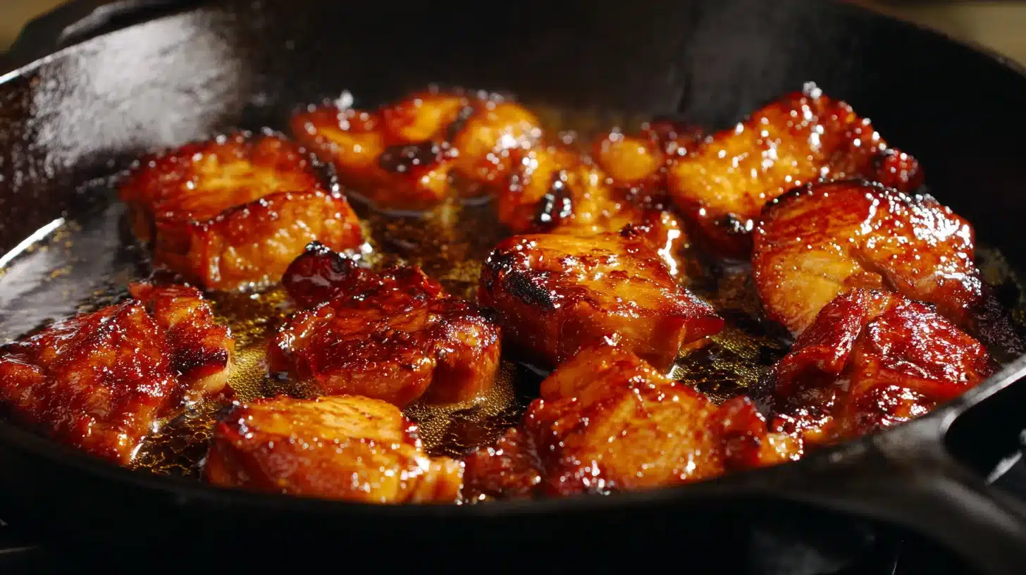 Chicken caramelizing in skillet Chicken Tocino caramelizing in sweet glaze