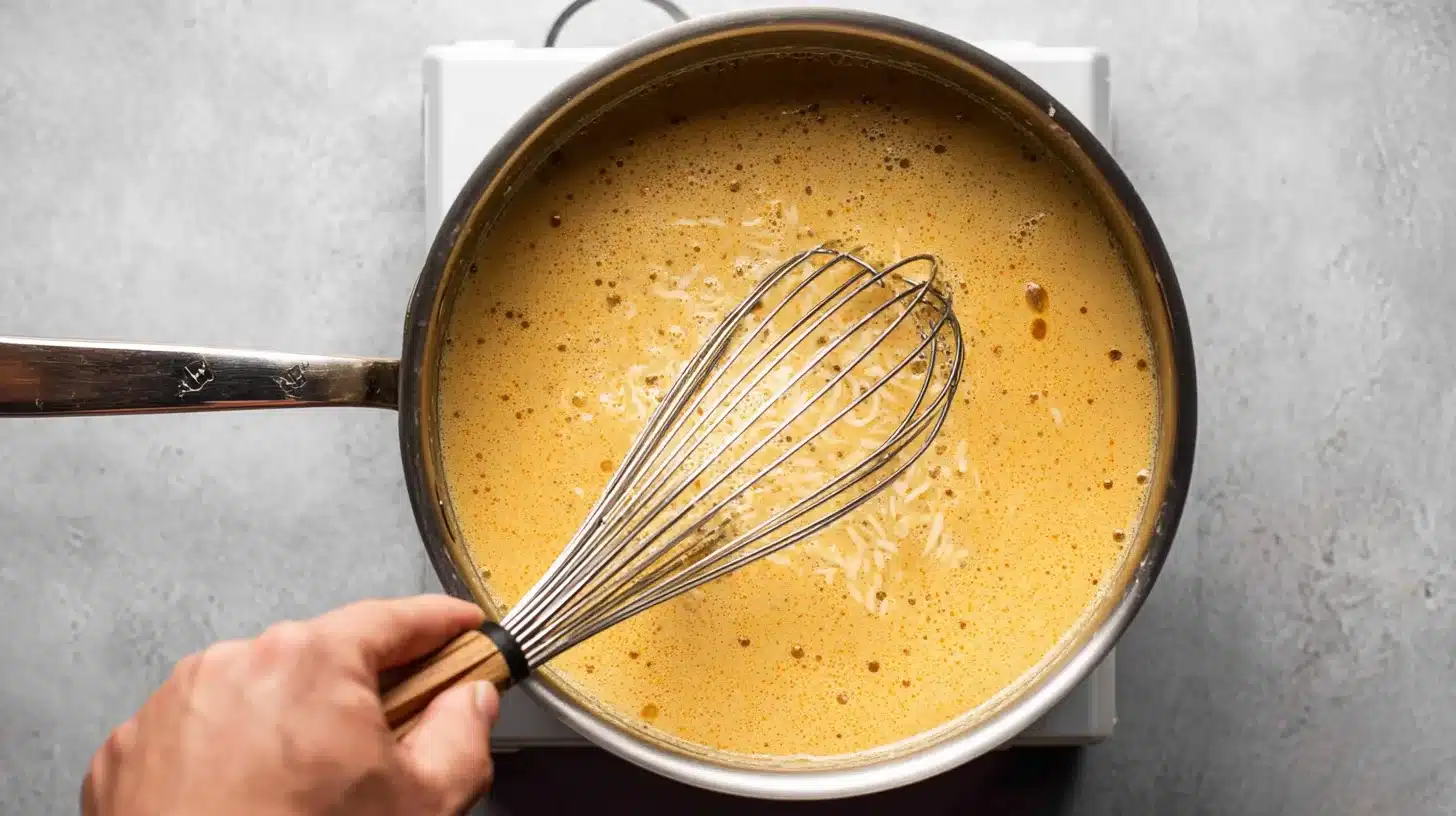 Whisking chicken broth into roux Thickened sauce for Easy Creamy White Chicken Enchiladas
