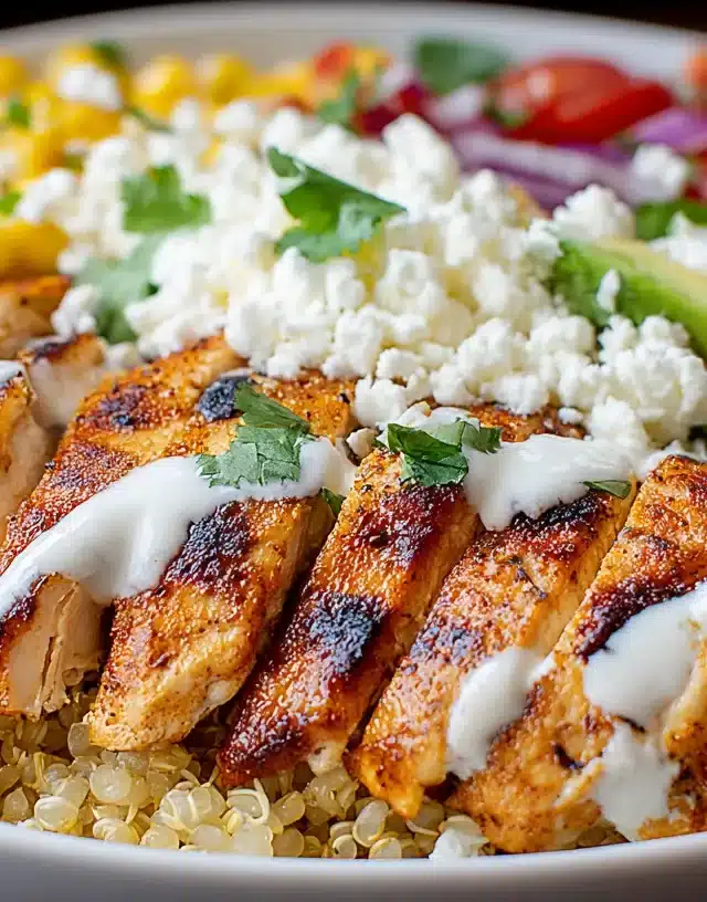 High Protein Chicken Corn Bowl with yogurt drizzle