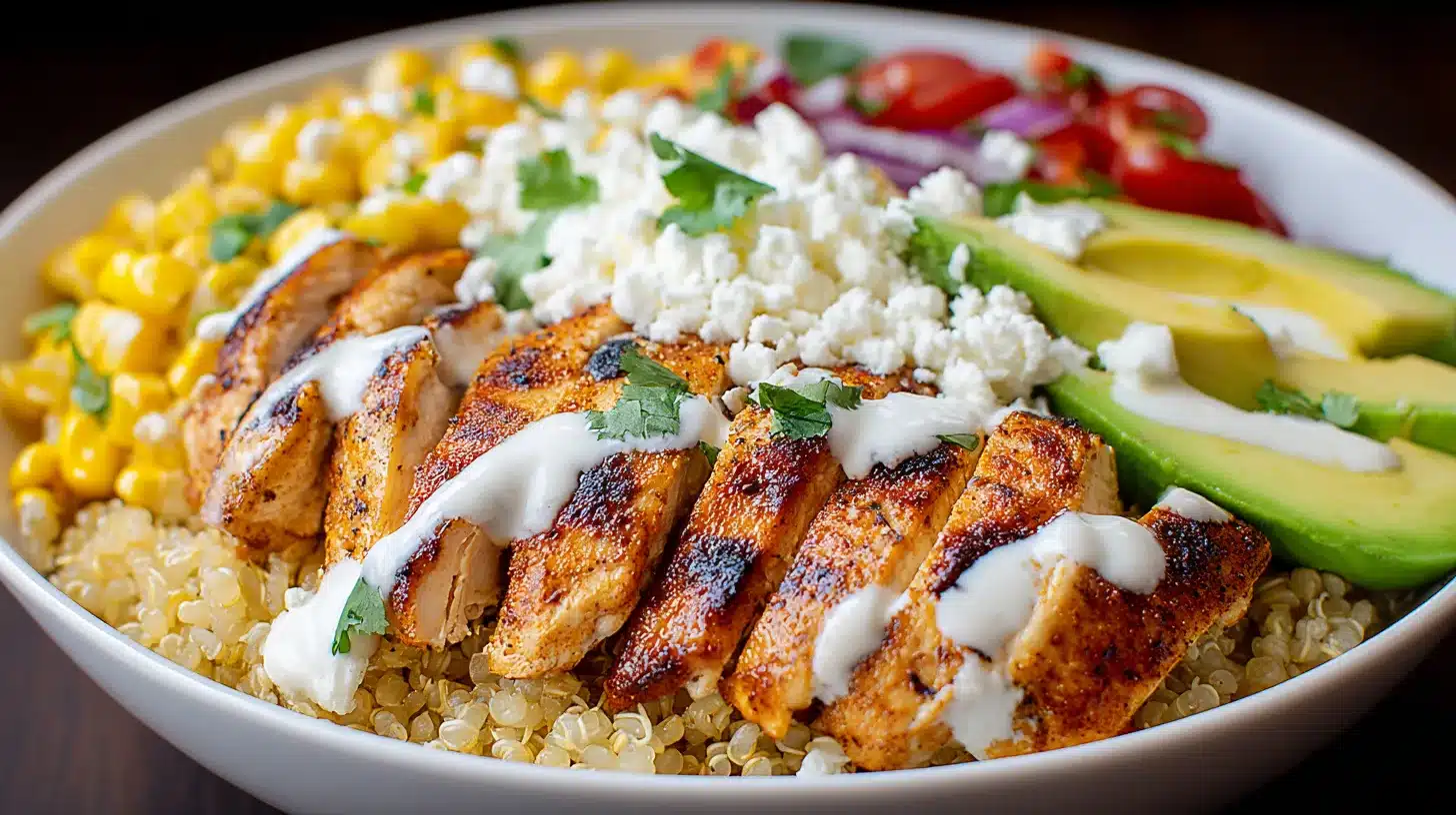 5Finished High Protein Chicken Corn Bowl with garnish High Protein Chicken Corn Bowl with yogurt drizzle